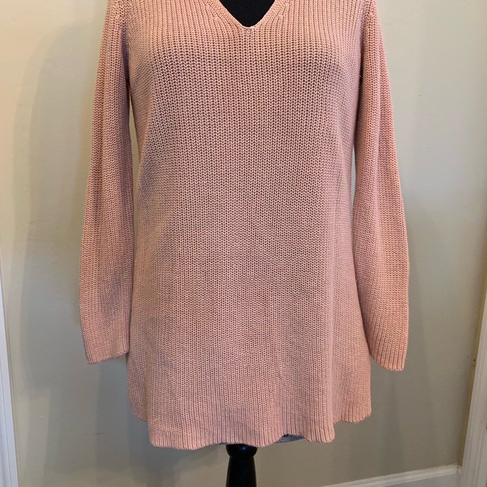 Eileen Fisher Pink Ribbed Knit V-neck Tunic Sweater